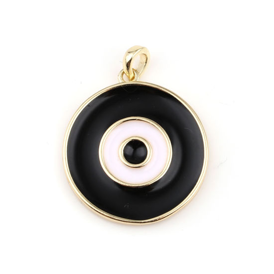 Imagen de 1 Unidad Latón Colgantes Charms Ronda 18K Oro Real Chapado Negro & Blanco Esmalte 23mm x 18mm