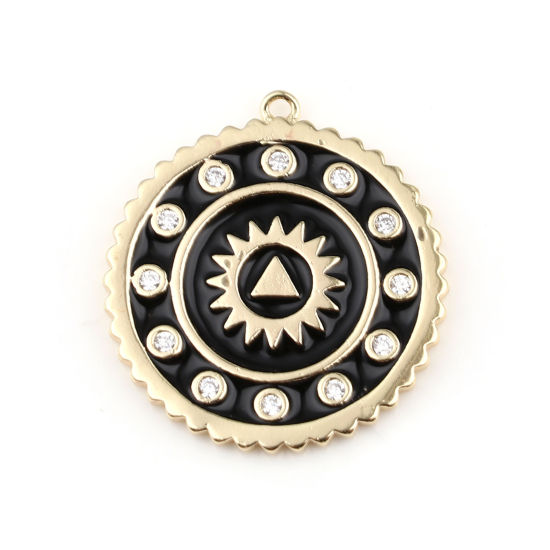 Imagen de Latón Galaxia Colgantes Charms 18K Oro Real Chapado Negro Ronda Sol Esmalte Transparente Rhinestone 25mm x 23mm, 1 Unidad