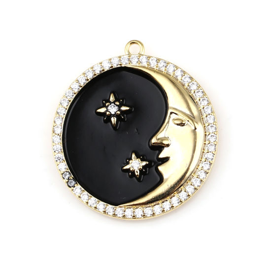 Imagen de Latón Galaxia Colgantes Charms 18K Oro Real Chapado Negro Ronda Luna Cara Micro Pave Transparente Rhinestone 25mm x 23mm, 1 Unidad