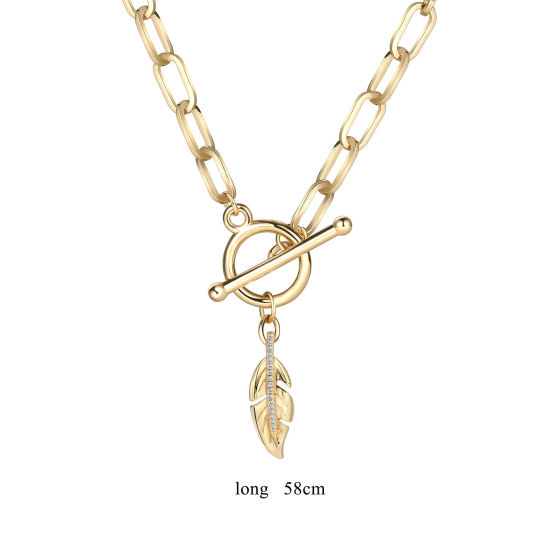 Picture of 1 Piece Eco-friendly Vacuum Plating Simple & Casual Stylish 18K Real Gold Plated Copper & Rhinestone Paperclip Chain Leaf Pendant Necklace For Women Party 58cm(22 7/8") long