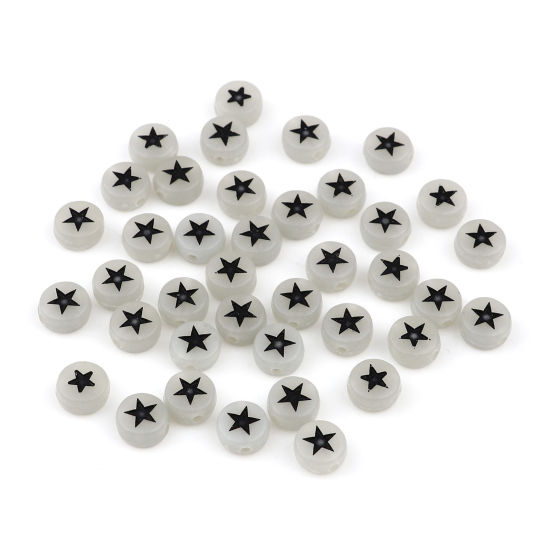 Picture of Acrylic Beads Flat Round Black Pentagram Star Pattern Glow In The Dark Luminous About 7mm Dia., Hole: Approx 1.5mm, 500 PCs