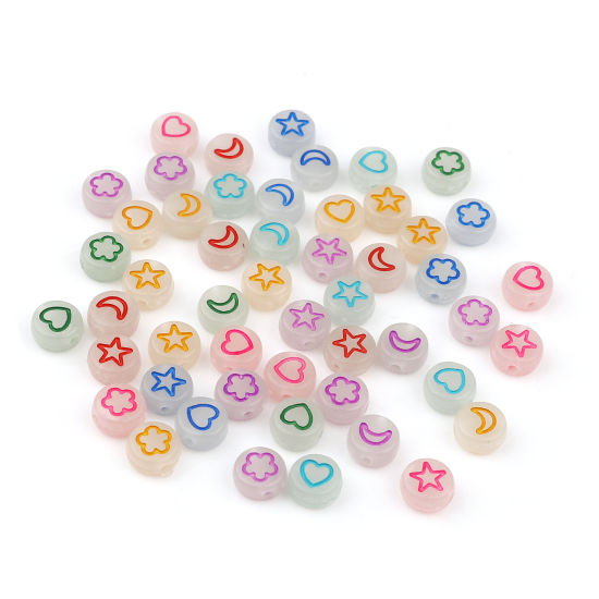 Picture of Acrylic Beads Flat Round At Random Color Mixed Pentagram Star Pattern About 7mm Dia., Hole: Approx 1.5mm, 500 PCs