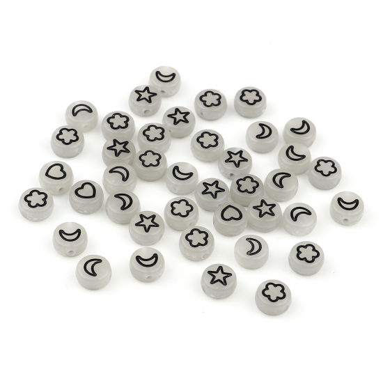 Picture of Acrylic Beads Flat Round Black At Random Mixed Pattern About 7mm Dia., Hole: Approx 1.5mm, 500 PCs