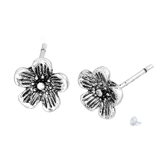 Picture of Earring Ear Post Stud Earrings Plum Blossom Flower Antique Silver Color W/ Stoppers 8mm( 3/8") x 8mm( 3/8"), Post/ Wire Size: (21 gauge), 2 PCs