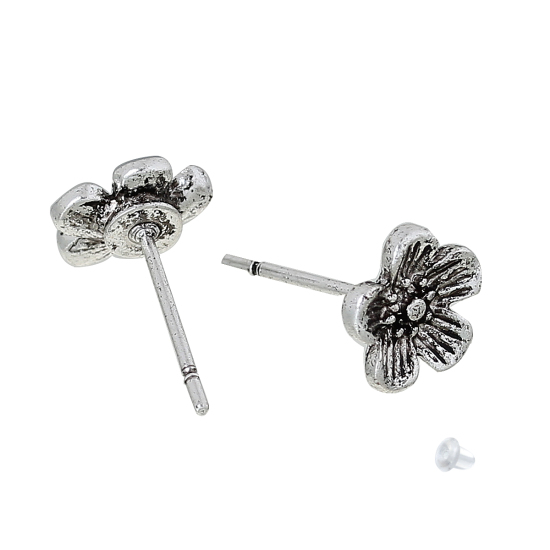 Immagine di Lega di Zinco Orecchini a Perno Fiore della Prugna Argento Antico W / Tappi 8mm x 8mm, Filo Dimensione: (21 gauge), 2 Pz