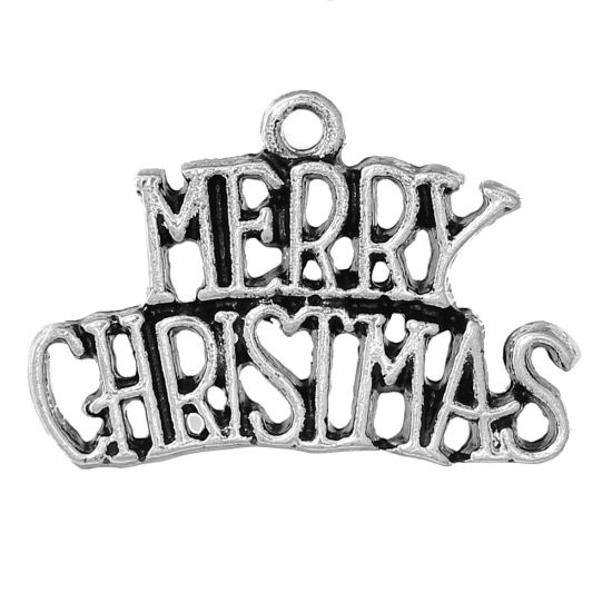 Picture of Zinc Metal Alloy Charms Message " Merry Christmas " Antique Silver Color 25mm(1") x 17mm( 5/8"), 10 PCs