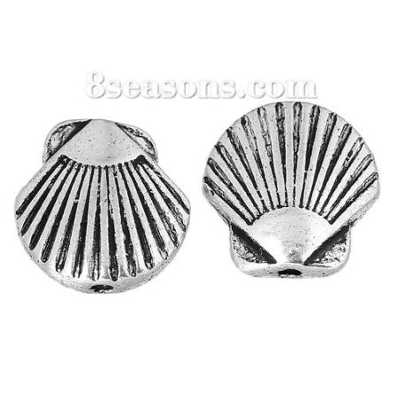 Lega di Zinco Separatori Perline Conchiglia Argento Antico Striscia Scolpisce Circa 13mm x 13mm, Foro:Circa 1.2mm, 50 Pz