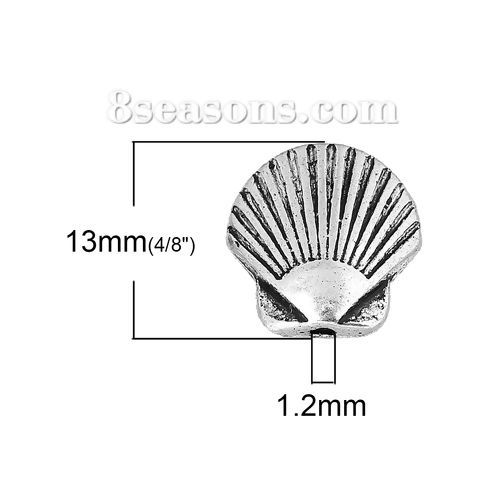 Picture of Spacer Beads Shell Antique Silver Color Stripe Carved About 13mm x 13mm, Hole:Approx 1.2mm, 50 PCs