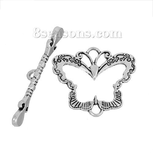 Picture of Zinc Based Alloy Toggle Clasps Butterfly Antique Silver Color 38mm x 5mm 28mm x 24mm, 30 Sets