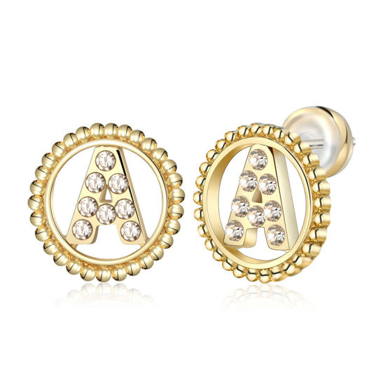Imagen de Zamak Pendientes Oro Real Chapado Ronda Mayúscula Letra Mensaje " A " Transparente Rhinestone 15mm Diámetro, Post/ Wire Size: (21 gauge), 2 Unidades