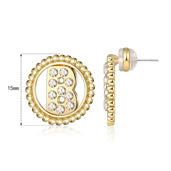 Imagen de Zamak Pendientes Oro Real Chapado Ronda Mayúscula Letra Mensaje " B " Transparente Rhinestone 15mm Diámetro, Post/ Wire Size: (21 gauge), 2 Unidades