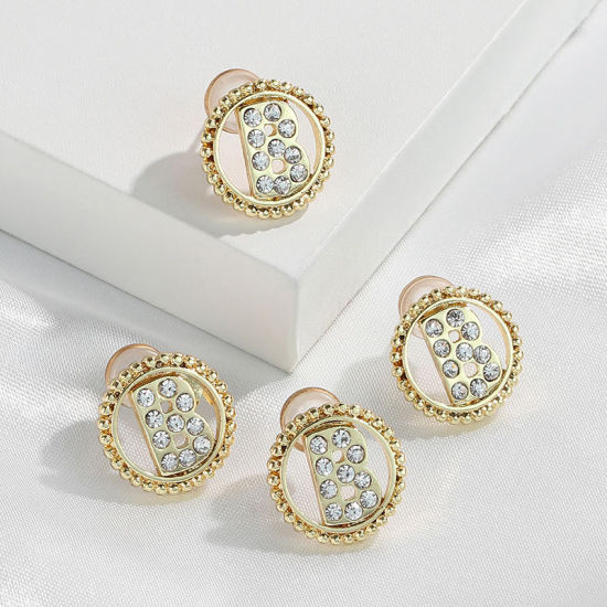 Imagen de Zamak Pendientes Oro Real Chapado Ronda Mayúscula Letra Mensaje " B " Transparente Rhinestone 15mm Diámetro, Post/ Wire Size: (21 gauge), 2 Unidades