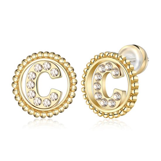 Imagen de Zamak Pendientes Oro Real Chapado Ronda Mayúscula Letra Mensaje " C " Transparente Rhinestone 15mm Diámetro, Post/ Wire Size: (21 gauge), 2 Unidades