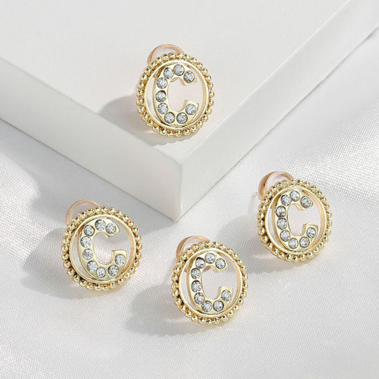 Imagen de Zamak Pendientes Oro Real Chapado Ronda Mayúscula Letra Mensaje " C " Transparente Rhinestone 15mm Diámetro, Post/ Wire Size: (21 gauge), 2 Unidades
