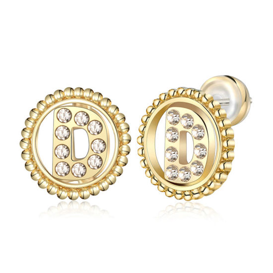 Imagen de Zamak Pendientes Oro Real Chapado Ronda Mayúscula Letra Mensaje " D " Transparente Rhinestone 15mm Diámetro, Post/ Wire Size: (21 gauge), 2 Unidades