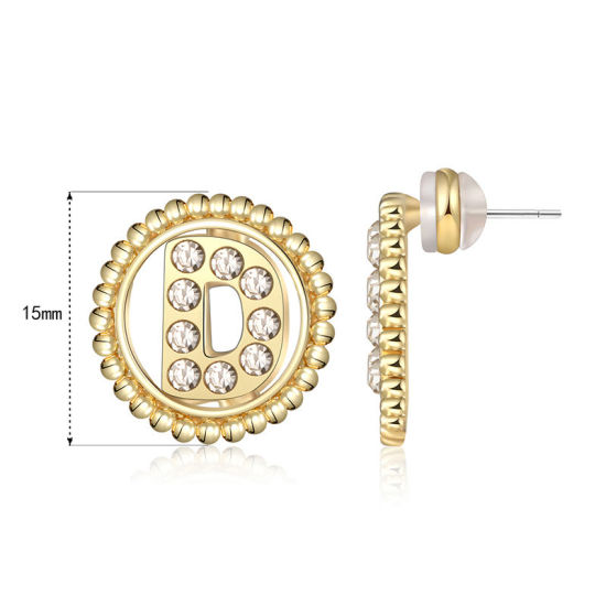 Imagen de Zamak Pendientes Oro Real Chapado Ronda Mayúscula Letra Mensaje " D " Transparente Rhinestone 15mm Diámetro, Post/ Wire Size: (21 gauge), 2 Unidades