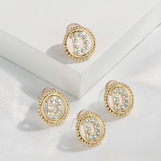 Imagen de Zamak Pendientes Oro Real Chapado Ronda Mayúscula Letra Mensaje " D " Transparente Rhinestone 15mm Diámetro, Post/ Wire Size: (21 gauge), 2 Unidades