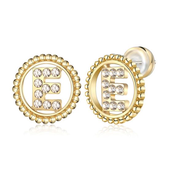 Imagen de Zamak Pendientes Oro Real Chapado Ronda Mayúscula Letra Mensaje " E " Transparente Rhinestone 15mm Diámetro, Post/ Wire Size: (21 gauge), 2 Unidades