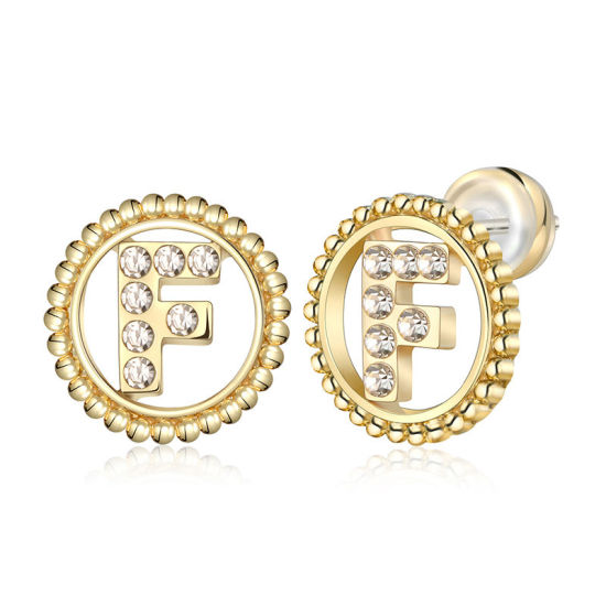 Imagen de Zamak Pendientes Oro Real Chapado Ronda Mayúscula Letra Mensaje " F " Transparente Rhinestone 15mm Diámetro, Post/ Wire Size: (21 gauge), 2 Unidades