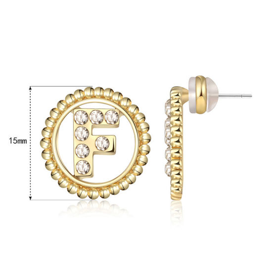 Imagen de Zamak Pendientes Oro Real Chapado Ronda Mayúscula Letra Mensaje " F " Transparente Rhinestone 15mm Diámetro, Post/ Wire Size: (21 gauge), 2 Unidades