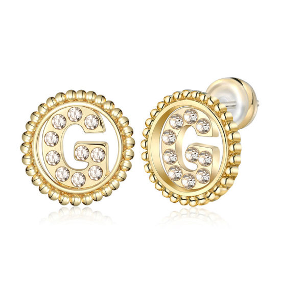 Imagen de Zamak Pendientes Oro Real Chapado Ronda Mayúscula Letra Mensaje " G " Transparente Rhinestone 15mm Diámetro, Post/ Wire Size: (21 gauge), 2 Unidades