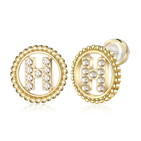 Picture of Zinc Based Alloy Ear Post Stud Earrings Real Gold Plated Round Initial Alphabet/ Capital Letter Message " H " Clear Rhinestone 15mm Dia., Post/ Wire Size: (21 gauge), 2 PCs