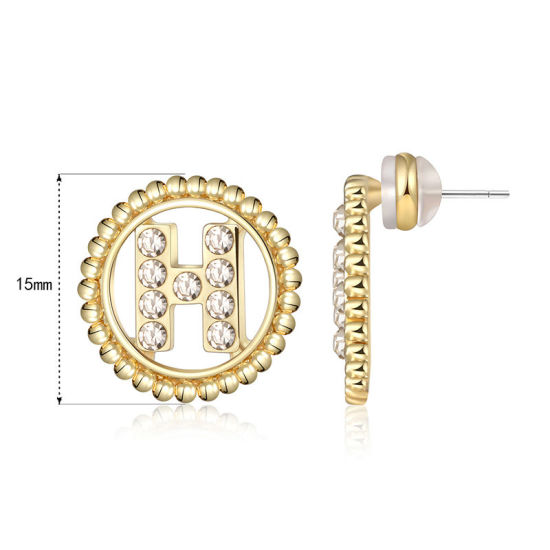Imagen de Zamak Pendientes Oro Real Chapado Ronda Mayúscula Letra Mensaje " H " Transparente Rhinestone 15mm Diámetro, Post/ Wire Size: (21 gauge), 2 Unidades