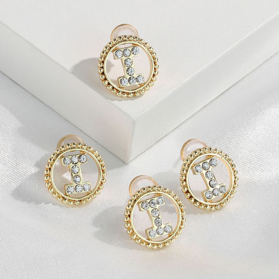 Imagen de Zamak Pendientes Oro Real Chapado Ronda Mayúscula Letra Mensaje " I " Transparente Rhinestone 15mm Diámetro, Post/ Wire Size: (21 gauge), 2 Unidades