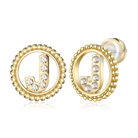 Picture of Zinc Based Alloy Ear Post Stud Earrings Real Gold Plated Round Initial Alphabet/ Capital Letter Message " J " Clear Rhinestone 15mm Dia., Post/ Wire Size: (21 gauge), 2 PCs
