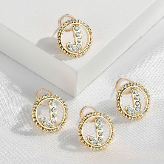 Imagen de Zamak Pendientes Oro Real Chapado Ronda Mayúscula Letra Mensaje " J " Transparente Rhinestone 15mm Diámetro, Post/ Wire Size: (21 gauge), 2 Unidades