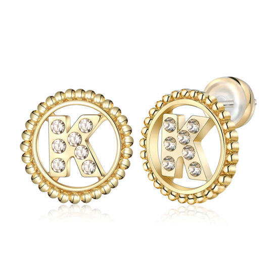 Imagen de Zamak Pendientes Oro Real Chapado Ronda Mayúscula Letra Mensaje " K " Transparente Rhinestone 15mm Diámetro, Post/ Wire Size: (21 gauge), 2 Unidades