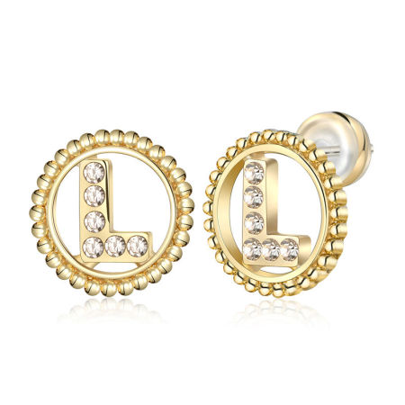 Picture of Zinc Based Alloy Ear Post Stud Earrings Real Gold Plated Round Initial Alphabet/ Capital Letter Message " L " Clear Rhinestone 15mm Dia., Post/ Wire Size: (21 gauge), 2 PCs