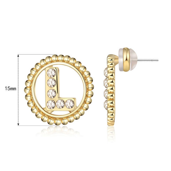 Imagen de Zamak Pendientes Oro Real Chapado Ronda Mayúscula Letra Mensaje " L " Transparente Rhinestone 15mm Diámetro, Post/ Wire Size: (21 gauge), 2 Unidades
