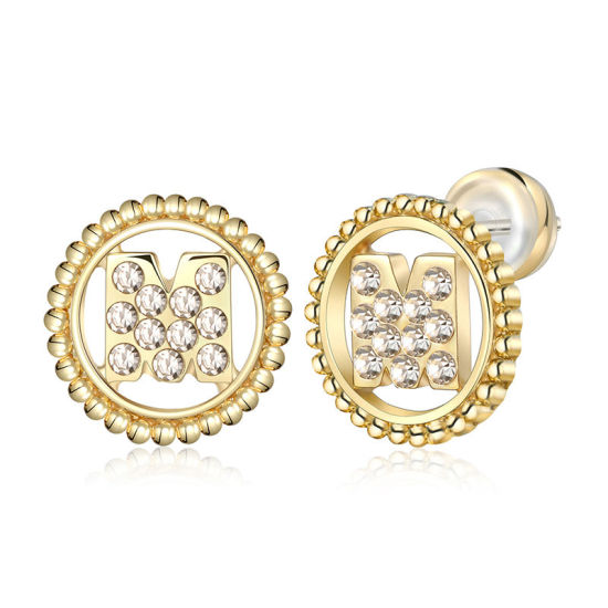 Imagen de Zamak Pendientes Oro Real Chapado Ronda Mayúscula Letra Mensaje " M " Transparente Rhinestone 15mm Diámetro, Post/ Wire Size: (21 gauge), 2 Unidades