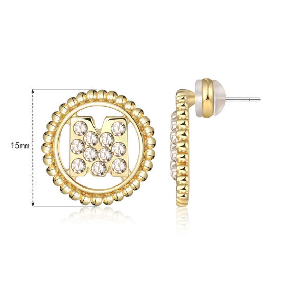 Imagen de Zamak Pendientes Oro Real Chapado Ronda Mayúscula Letra Mensaje " M " Transparente Rhinestone 15mm Diámetro, Post/ Wire Size: (21 gauge), 2 Unidades