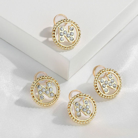 Imagen de Zamak Pendientes Oro Real Chapado Ronda Mayúscula Letra Mensaje " N " Transparente Rhinestone 15mm Diámetro, Post/ Wire Size: (21 gauge), 2 Unidades