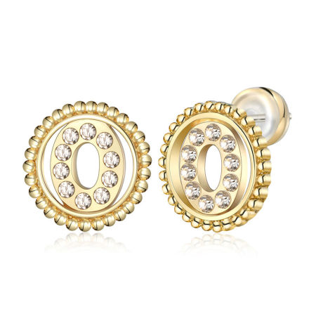 Image de Boucles d'Oreilles Puces en Alliage de Zinc Plaqué Or Véritable Rond Alphabet Initial/ Lettre Majuscule Mots" O " à Strass Transparent 15mm Dia., Epaisseur de Fil: (21 gauge), 2 Pcs