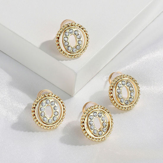 Imagen de Zamak Pendientes Oro Real Chapado Ronda Mayúscula Letra Mensaje " O " Transparente Rhinestone 15mm Diámetro, Post/ Wire Size: (21 gauge), 2 Unidades