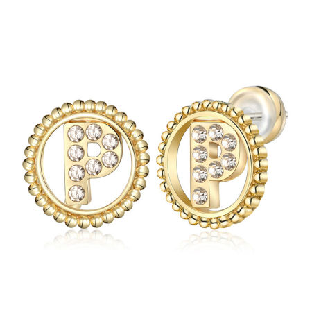 Picture of Zinc Based Alloy Ear Post Stud Earrings Real Gold Plated Round Initial Alphabet/ Capital Letter Message " P " Clear Rhinestone 15mm Dia., Post/ Wire Size: (21 gauge), 2 PCs