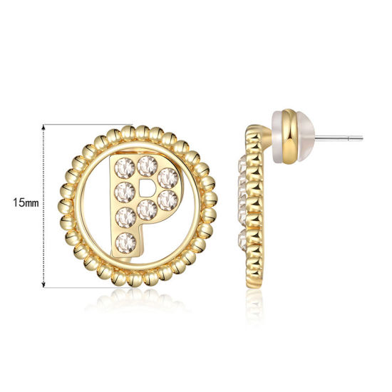 Imagen de Zamak Pendientes Oro Real Chapado Ronda Mayúscula Letra Mensaje " P " Transparente Rhinestone 15mm Diámetro, Post/ Wire Size: (21 gauge), 2 Unidades
