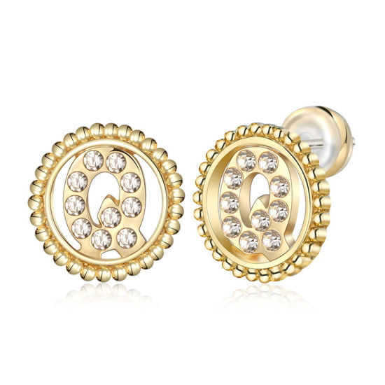 Imagen de Zamak Pendientes Oro Real Chapado Ronda Mayúscula Letra Mensaje " Q " Transparente Rhinestone 15mm Diámetro, Post/ Wire Size: (21 gauge), 2 Unidades