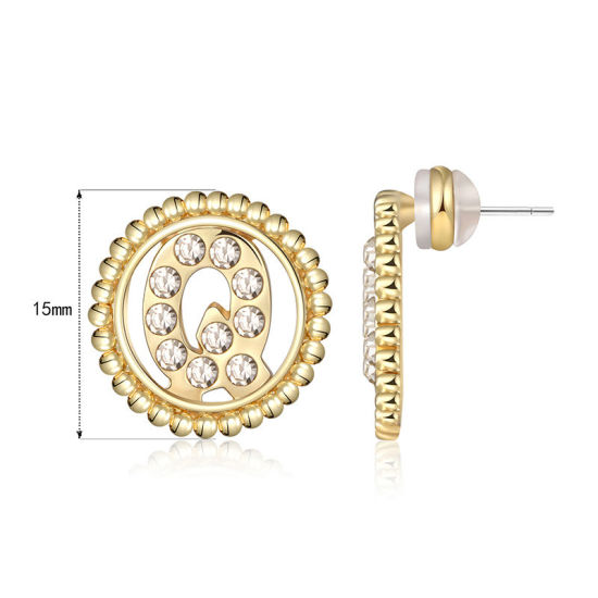 Imagen de Zamak Pendientes Oro Real Chapado Ronda Mayúscula Letra Mensaje " Q " Transparente Rhinestone 15mm Diámetro, Post/ Wire Size: (21 gauge), 2 Unidades