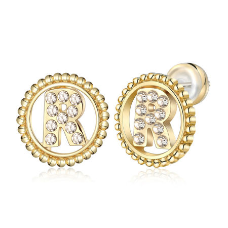 Picture of Zinc Based Alloy Ear Post Stud Earrings Real Gold Plated Round Initial Alphabet/ Capital Letter Message " R " Clear Rhinestone 15mm Dia., Post/ Wire Size: (21 gauge), 2 PCs