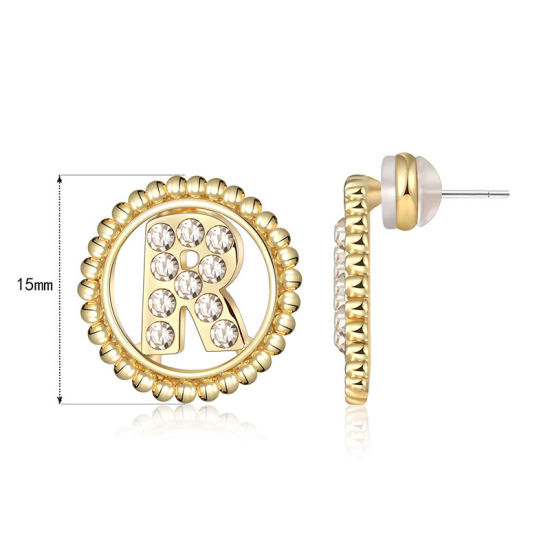 Imagen de Zamak Pendientes Oro Real Chapado Ronda Mayúscula Letra Mensaje " R " Transparente Rhinestone 15mm Diámetro, Post/ Wire Size: (21 gauge), 2 Unidades