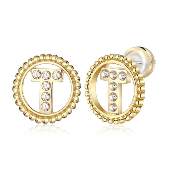 Imagen de Zamak Pendientes Oro Real Chapado Ronda Mayúscula Letra Mensaje " T " Transparente Rhinestone 15mm Diámetro, Post/ Wire Size: (21 gauge), 2 Unidades