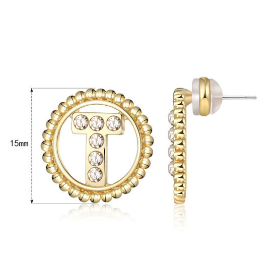 Imagen de Zamak Pendientes Oro Real Chapado Ronda Mayúscula Letra Mensaje " T " Transparente Rhinestone 15mm Diámetro, Post/ Wire Size: (21 gauge), 2 Unidades