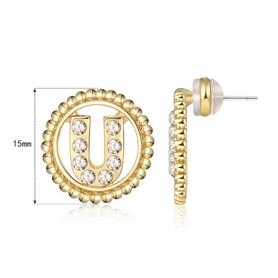 Imagen de Zamak Pendientes Oro Real Chapado Ronda Mayúscula Letra Mensaje " U " Transparente Rhinestone 15mm Diámetro, Post/ Wire Size: (21 gauge), 2 Unidades