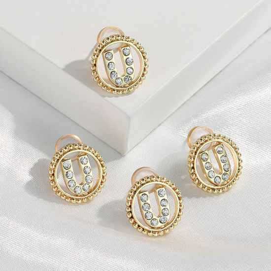 Imagen de Zamak Pendientes Oro Real Chapado Ronda Mayúscula Letra Mensaje " U " Transparente Rhinestone 15mm Diámetro, Post/ Wire Size: (21 gauge), 2 Unidades