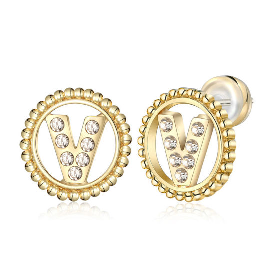 Imagen de Zamak Pendientes Oro Real Chapado Ronda Mayúscula Letra Mensaje " V " Transparente Rhinestone 15mm Diámetro, Post/ Wire Size: (21 gauge), 2 Unidades