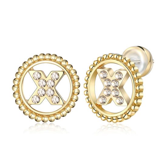Imagen de Zamak Pendientes Oro Real Chapado Ronda Mayúscula Letra Mensaje " X " Transparente Rhinestone 15mm Diámetro, Post/ Wire Size: (21 gauge), 2 Unidades